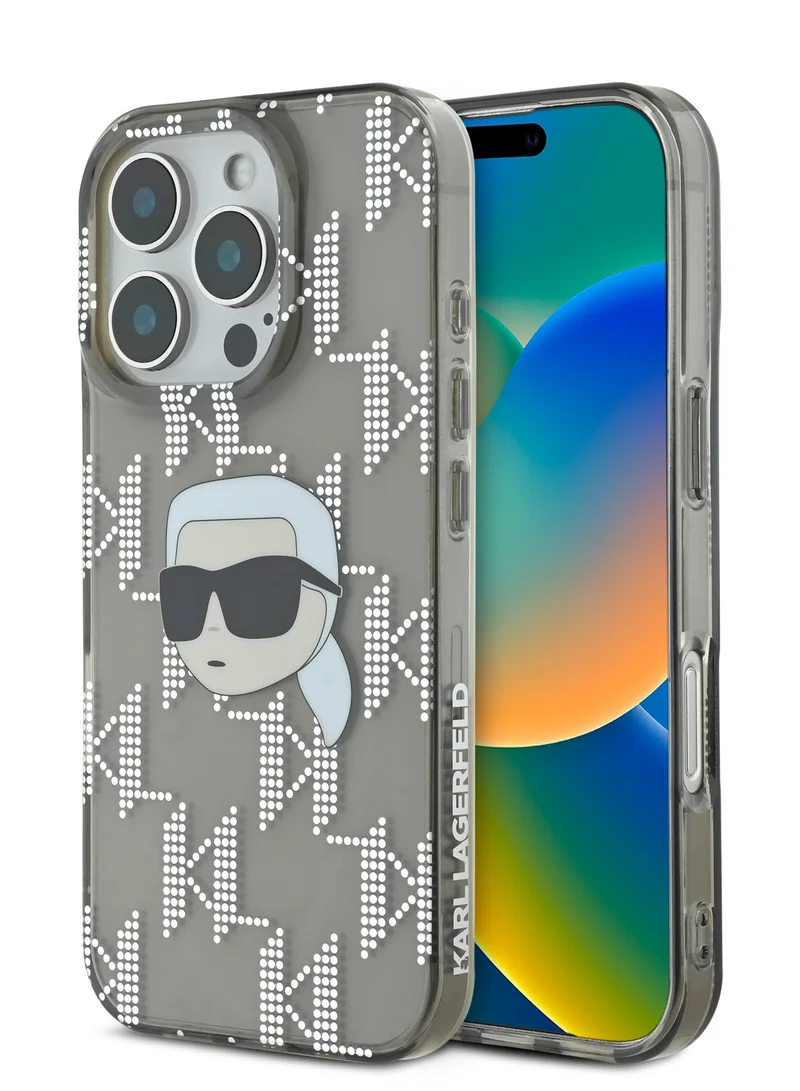 Karl Lagerfeld iPhone 16 Pro Max Case IML Hard Cover with Electroplated Karl Head & Monogram Design/ Drop protection / Slim Profile / Easy Snap-On / Comfortable Grip-Black