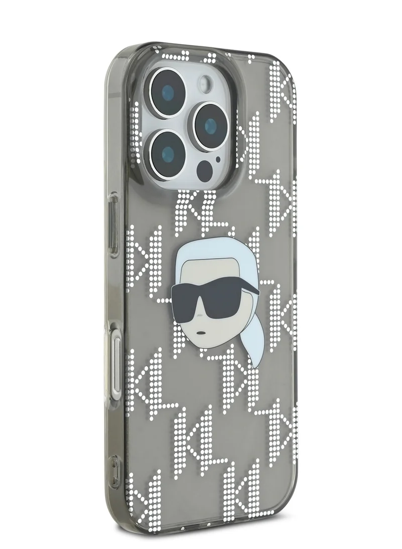 Karl Lagerfeld iPhone 16 Pro Max Case IML Hard Cover with Electroplated Karl Head & Monogram Design/ Drop protection / Slim Profile / Easy Snap-On / Comfortable Grip-Black