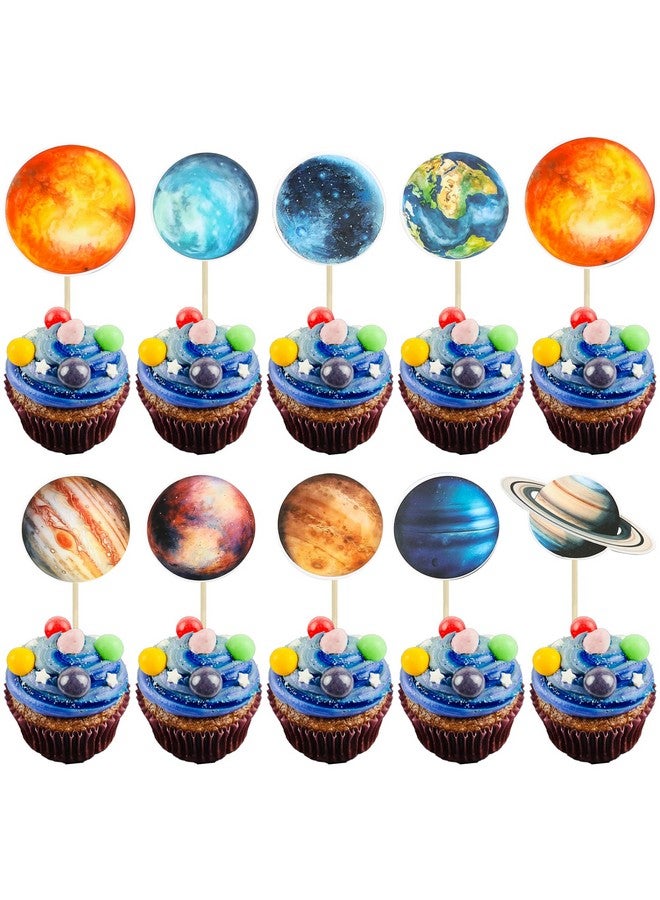 Ephlyn 36Pcs Outer Space Cupcake Toppers Planet Rocket Spaceship Trip to the Moon Star Cupcake Picks Solar System Galaxy Universe Planets Birthday Cupcake Decorations Party Supplies - Image 1