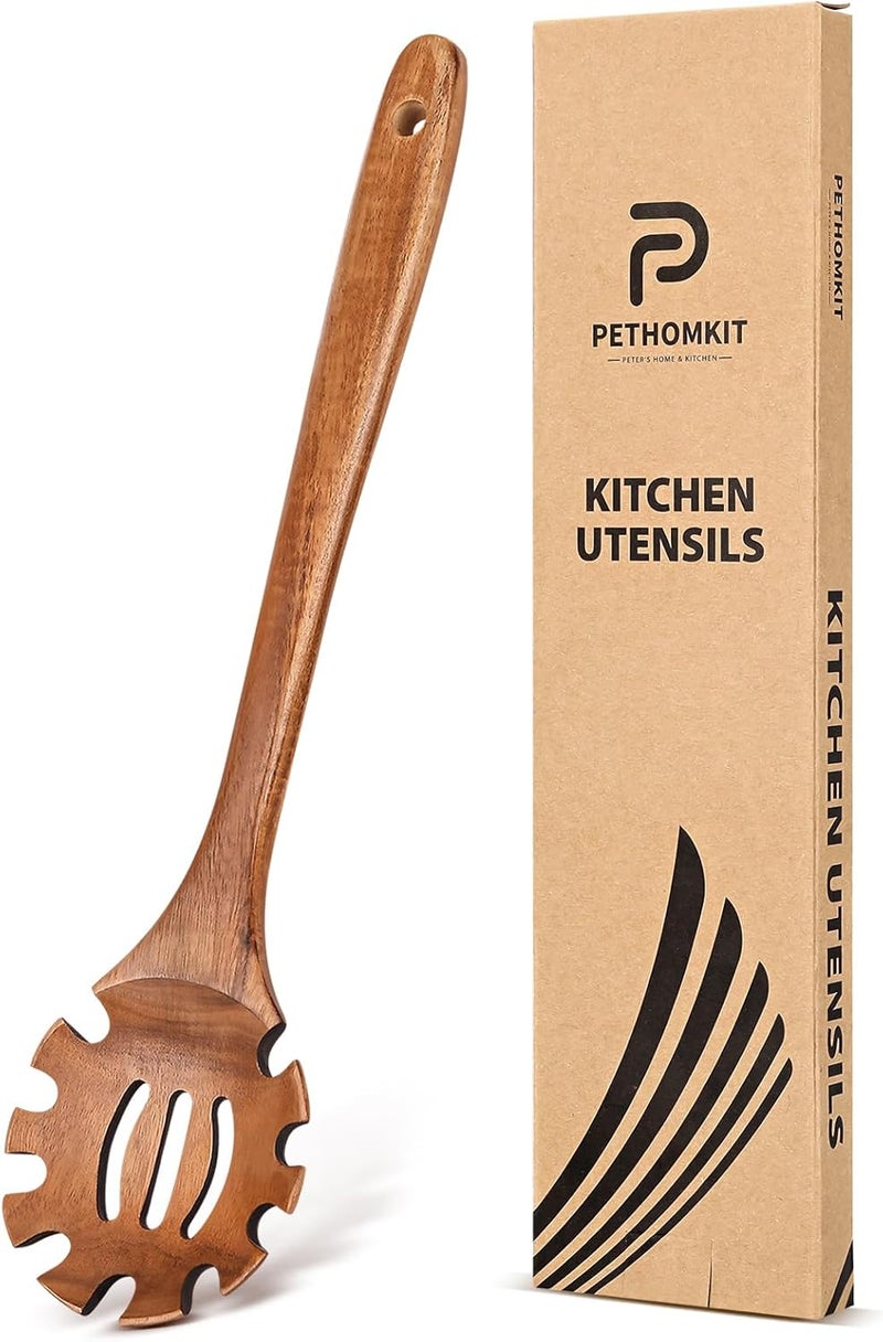 JEFHOMKIT Wooden Pasta Spaghetti Spoon with Teeth, Teak Slotted Pasta Spaghetti Strainer Spoon for Cooking Serving Collecting, Wooden Pasta Fork Server Utensil with Claws, Wood Noodle Strainer,12.8″, Brown - Image 1