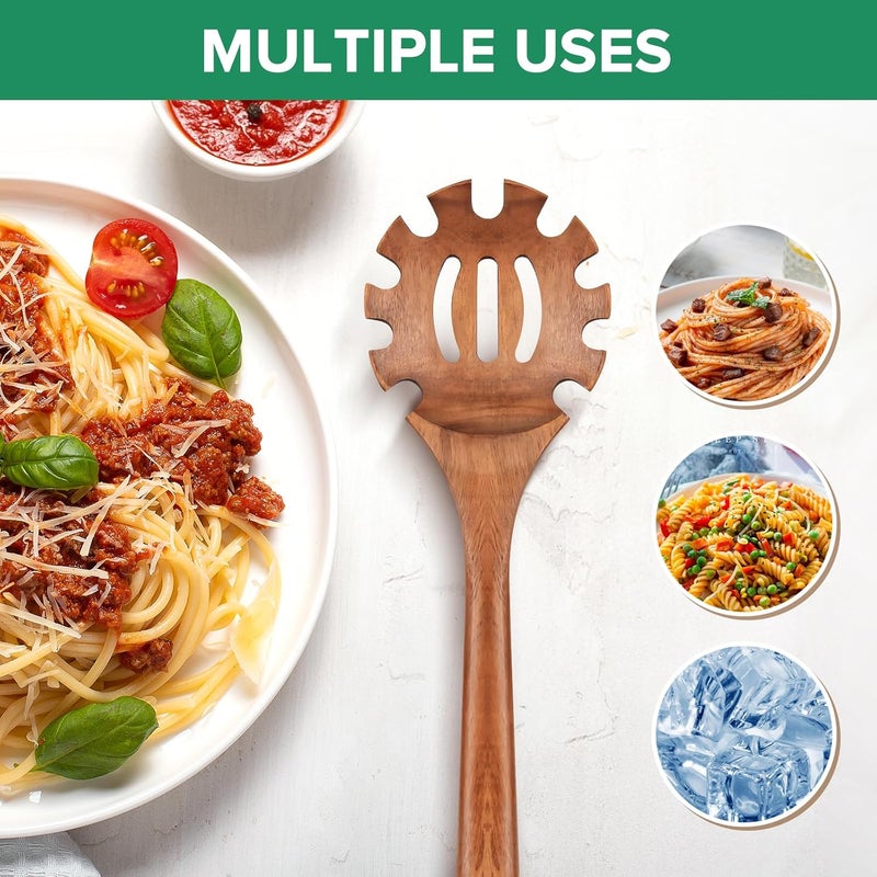 JEFHOMKIT Wooden Pasta Spaghetti Spoon with Teeth, Teak Slotted Pasta Spaghetti Strainer Spoon for Cooking Serving Collecting, Wooden Pasta Fork Server Utensil with Claws, Wood Noodle Strainer,12.8″, Brown - Image 4