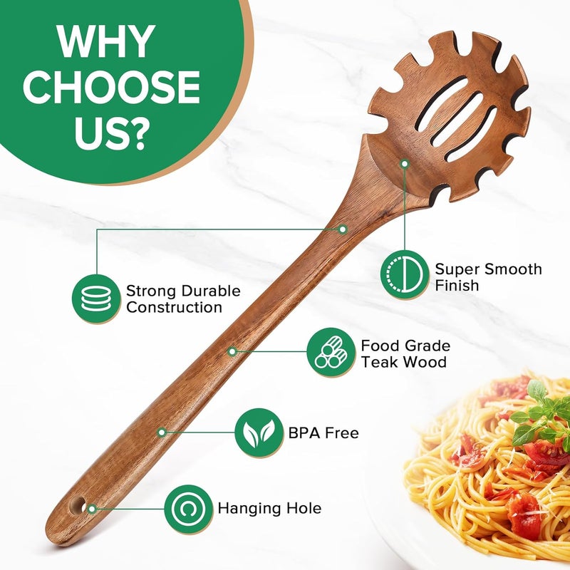 JEFHOMKIT Wooden Pasta Spaghetti Spoon with Teeth, Teak Slotted Pasta Spaghetti Strainer Spoon for Cooking Serving Collecting, Wooden Pasta Fork Server Utensil with Claws, Wood Noodle Strainer,12.8″, Brown - Image 3