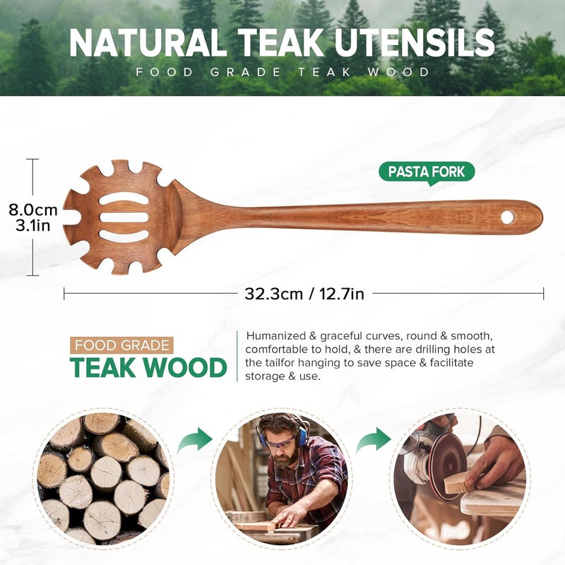JEFHOMKIT Wooden Pasta Spaghetti Spoon with Teeth, Teak Slotted Pasta Spaghetti Strainer Spoon for Cooking Serving Collecting, Wooden Pasta Fork Server Utensil with Claws, Wood Noodle Strainer,12.8″, Brown - Image 2