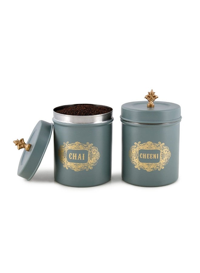 Elan Stainless Steel Round Chai Cheeni Canisters(Set of 2, 500 ml) (Moss Green) - Image 1