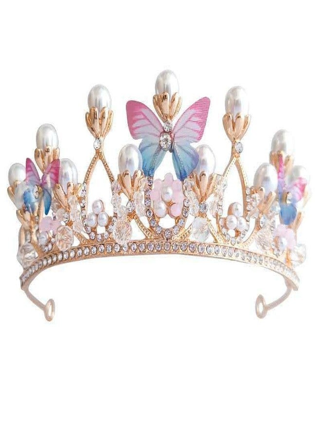 ENAHOLE Butterfly Princess Crown Bridal Accessories Performance Disc Hair Model Gold Pearl Headband Rhinestone Hairpiece,Party Accessories Princess Costume Crown Headband Flower Tiara For Girls/Women - Image 1