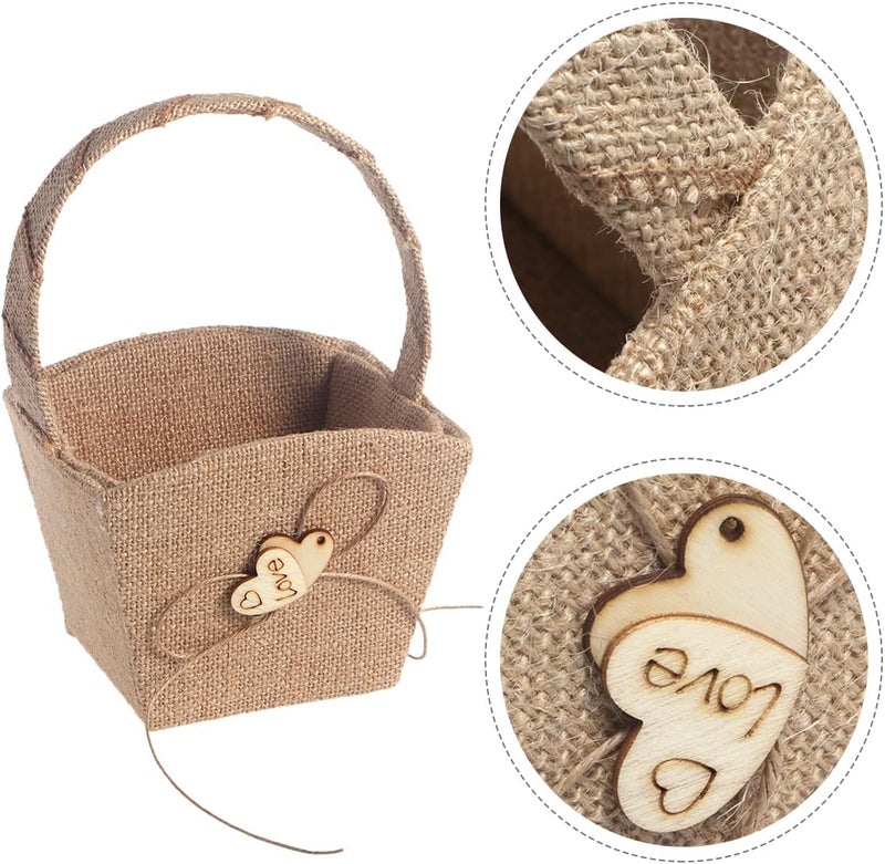 Yuudar Flower Girl Basket, Wedding Decoration Basket, Vintage Rustic Burlap Basket with Pearl Double Love Heart Bowknot, Set of 2 - Image 4