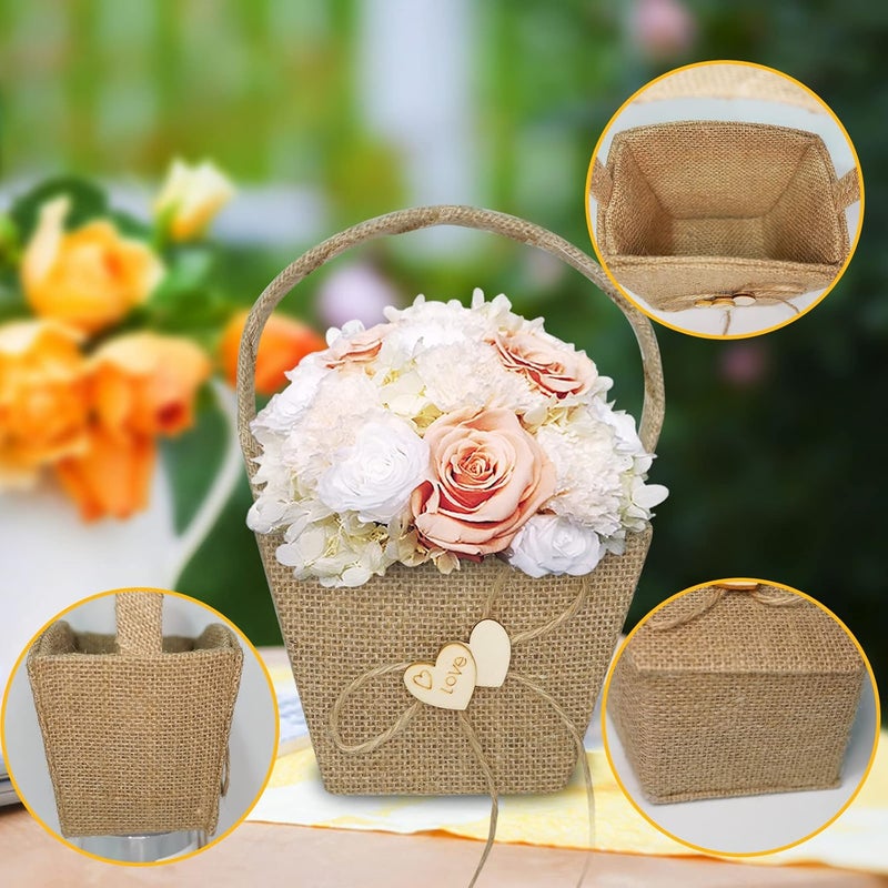 Yuudar Flower Girl Basket, Wedding Decoration Basket, Vintage Rustic Burlap Basket with Pearl Double Love Heart Bowknot, Set of 2 - Image 2