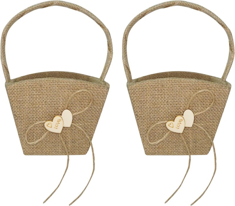 Yuudar Flower Girl Basket, Wedding Decoration Basket, Vintage Rustic Burlap Basket with Pearl Double Love Heart Bowknot, Set of 2 - Image 1