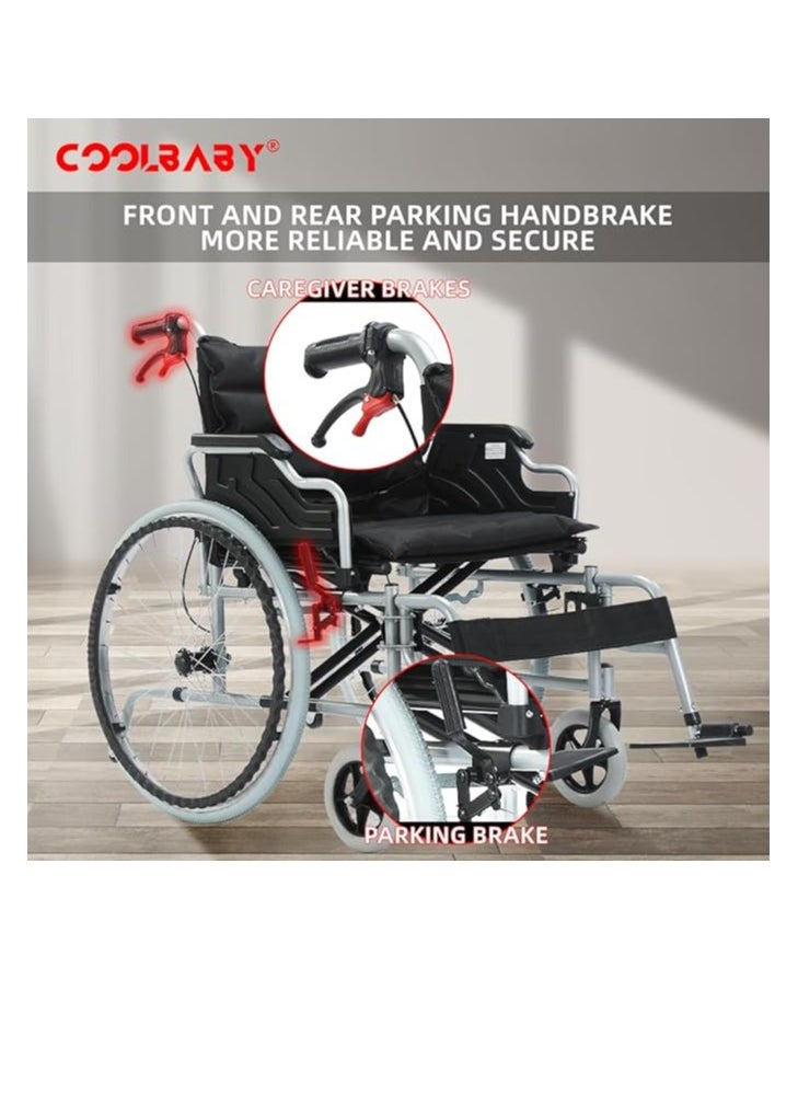 Cool Baby 56cm Wide Foldable Lightweight Wheelchair for Adults 300lb Heavy Duty Folding Transport Self-Propelled Wheelchair with 24 Inch Seat  - Image 2