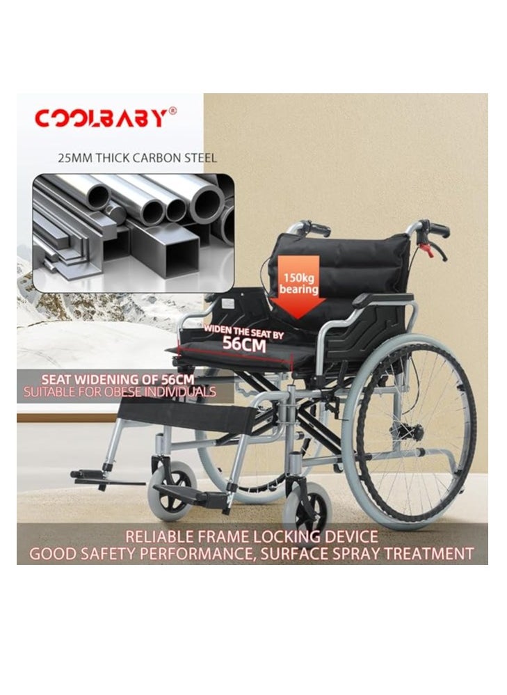 Cool Baby 56cm Wide Foldable Lightweight Wheelchair for Adults 300lb Heavy Duty Folding Transport Self-Propelled Wheelchair with 24 Inch Seat  - Image 3