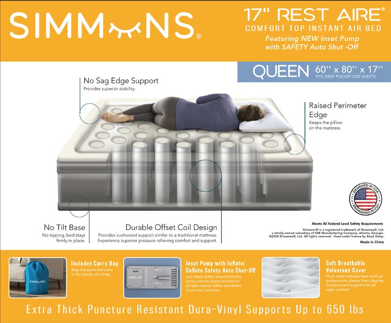 Simmons Rest Aire Mattress Air Bed with Side Built-in Pump and Soft Velveteen Topper, 17" Queen - Image 3