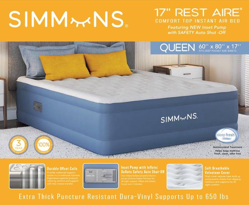 Simmons Rest Aire Mattress Air Bed with Side Built-in Pump and Soft Velveteen Topper, 17" Queen - Image 4