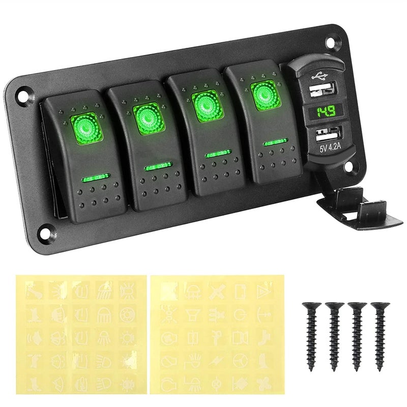 Wivplex 12V 24V Dual USB Port 4 Gang Toggle Rocker Switch Panel - Image 1