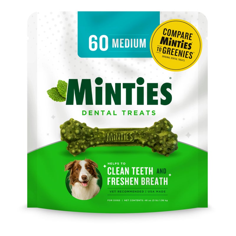 MiNTiES علكات مينيتيز للأسنان للكلاب، 60 قطعة، علاج أسنان بنكهة النعناع موصى به من قبل الأطباء البيطريين للكلاب المتوسطة 25-50 رطل، عظام الأسنان لتنظيف الأسنان، مكافحة رائحة الفم الكريهة، وإزالة البلاك والجير - Image 1