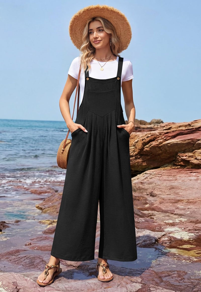 Anyally Womens Casual Jumpsuits Loose Wide Leg Overalls Summer Sleeveless Adjustable Strap Rompers with Pockets, L, A01-B-Black - Image 2