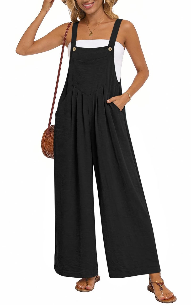 Anyally Womens Casual Jumpsuits Loose Wide Leg Overalls Summer Sleeveless Adjustable Strap Rompers with Pockets, L, A01-B-Black - Image 1