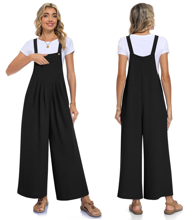 Anyally Womens Casual Jumpsuits Loose Wide Leg Overalls Summer Sleeveless Adjustable Strap Rompers with Pockets, L, A01-B-Black - Image 4