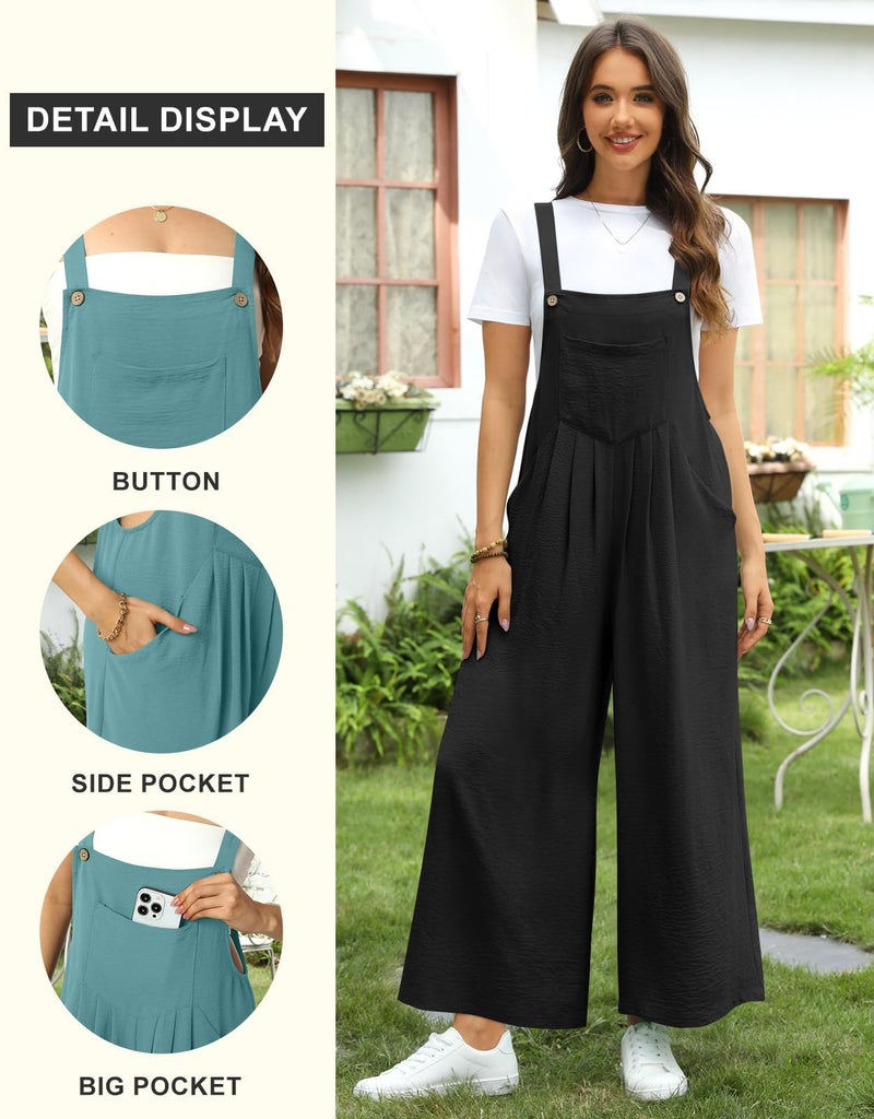 Anyally Womens Casual Jumpsuits Loose Wide Leg Overalls Summer Sleeveless Adjustable Strap Rompers with Pockets, L, A01-B-Black - Image 5