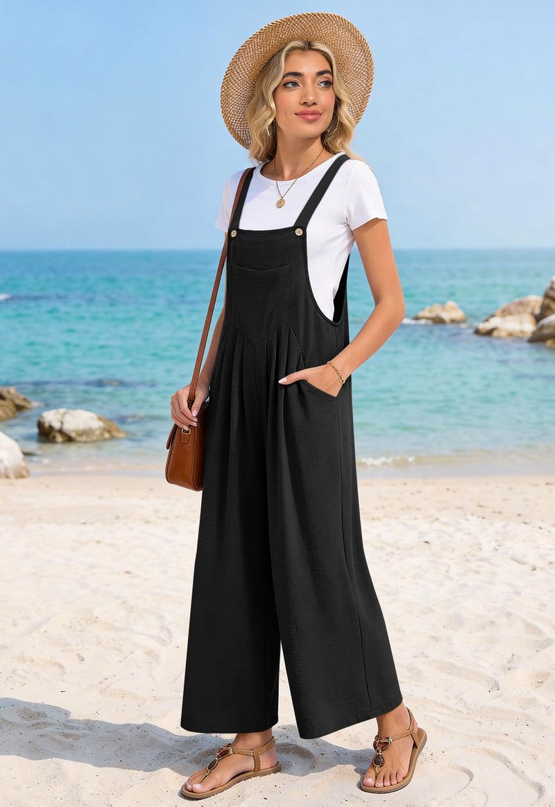 Anyally Womens Casual Jumpsuits Loose Wide Leg Overalls Summer Sleeveless Adjustable Strap Rompers with Pockets, L, A01-B-Black - Image 3