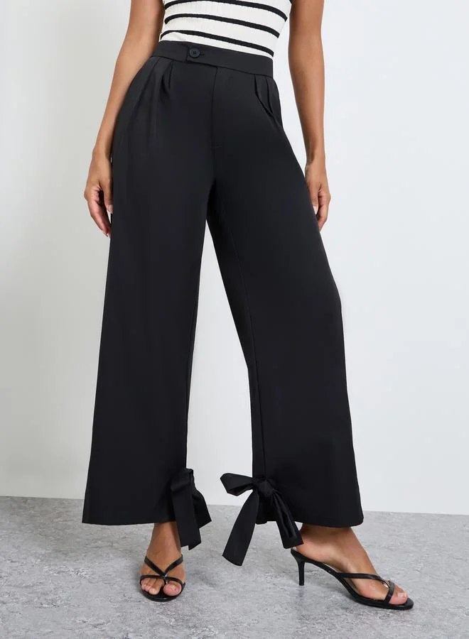 تايك تو Black Wide Leg Pants with Cuff Ties