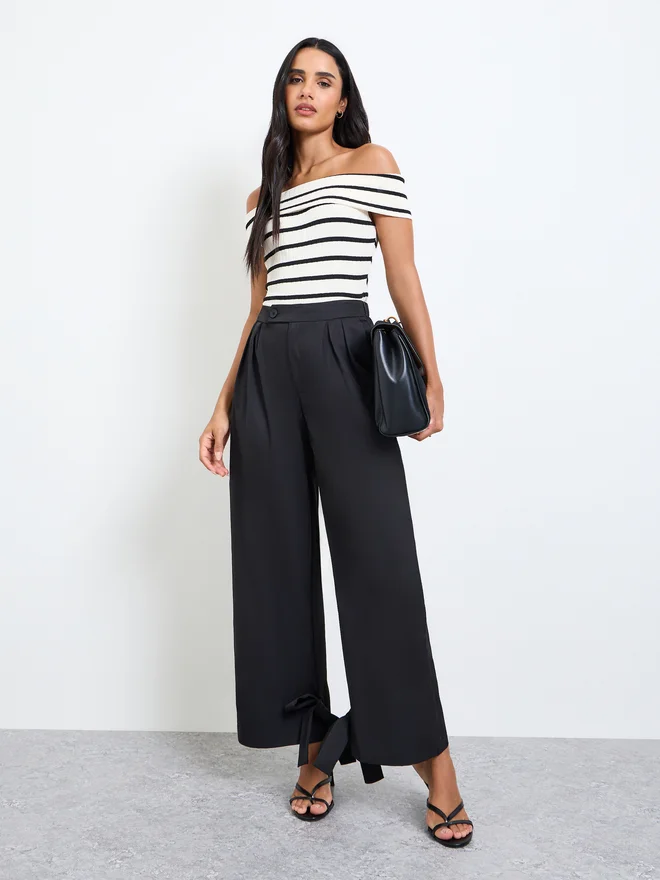 Styli Styli Black Wide Leg Pants with Cuff Ties