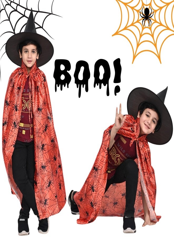 Sarvda Halloween Spider Web Cape for Kids| Orange & Black Spider Costume for Boys & Girls| Hat and Dracula Teeth| Halloween Stickers| For 2 to 8 Years Kids - Image 2