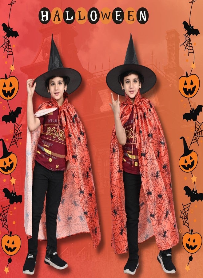 Sarvda Halloween Spider Web Cape for Kids| Orange & Black Spider Costume for Boys & Girls| Hat and Dracula Teeth| Halloween Stickers| For 2 to 8 Years Kids - Image 5