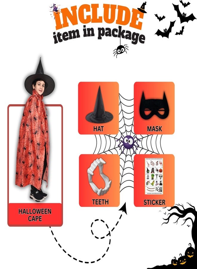 Sarvda Halloween Spider Web Cape for Kids| Orange & Black Spider Costume for Boys & Girls| Hat and Dracula Teeth| Halloween Stickers| For 2 to 8 Years Kids - Image 3