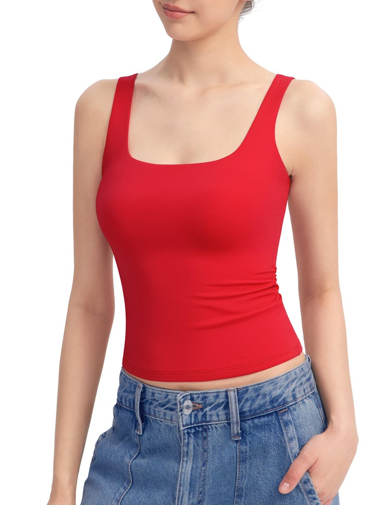 PUMIEY Women's Square Neck Tank Tops Sleeveless Double Lined Basic Going Out Top, Ruby Small - Image 1