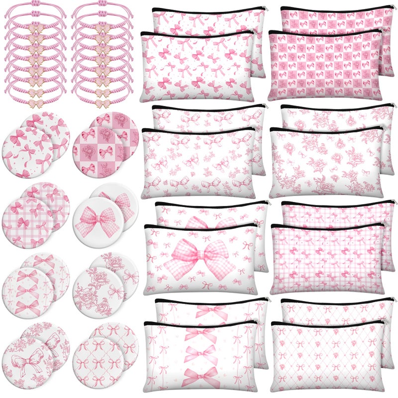 Stuffygreenus 16 Set Pink Coquette Bow Party Favors for Women Bow Canvas Makeup Bags Mini Compact Mirrors Woven Bracelets Bulk Pink Floral Cosmetic Bags for Guests Bridesmaids Wedding Bachelorette Party Supplies - Image 2