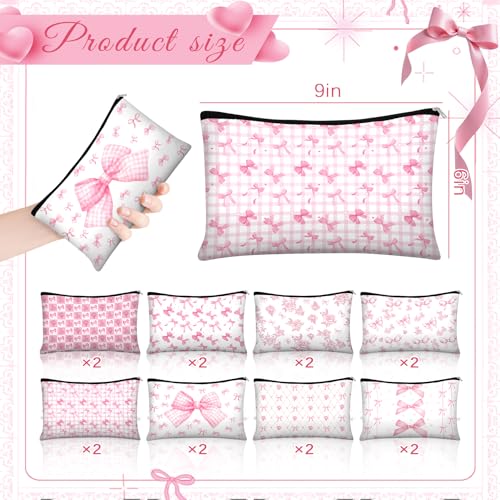 Stuffygreenus 16 Set Pink Coquette Bow Party Favors for Women Bow Canvas Makeup Bags Mini Compact Mirrors Woven Bracelets Bulk Pink Floral Cosmetic Bags for Guests Bridesmaids Wedding Bachelorette Party Supplies - Image 3