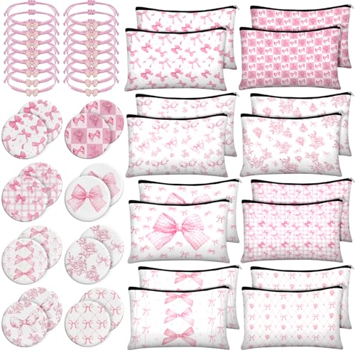 Stuffygreenus 16 Set Pink Coquette Bow Party Favors for Women Bow Canvas Makeup Bags Mini Compact Mirrors Woven Bracelets Bulk Pink Floral Cosmetic Bags for Guests Bridesmaids Wedding Bachelorette Party Supplies - Image 1