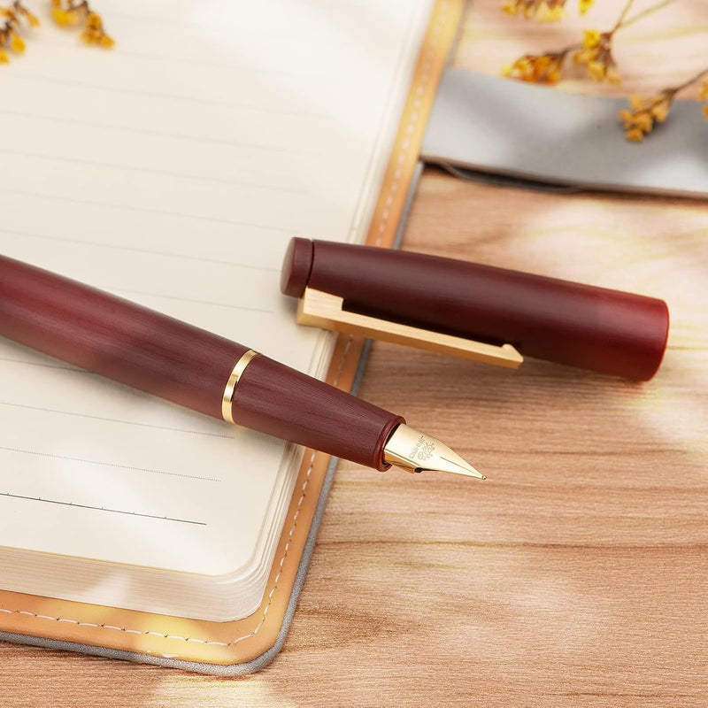 Wikult Jinhao 80 Wine Red Fiber Brushed Fountain Pen, Iridium Fine Gold Nib with Ink Converter, Classic Design Smooth Writing Pen (Gold Clip) - Image 2
