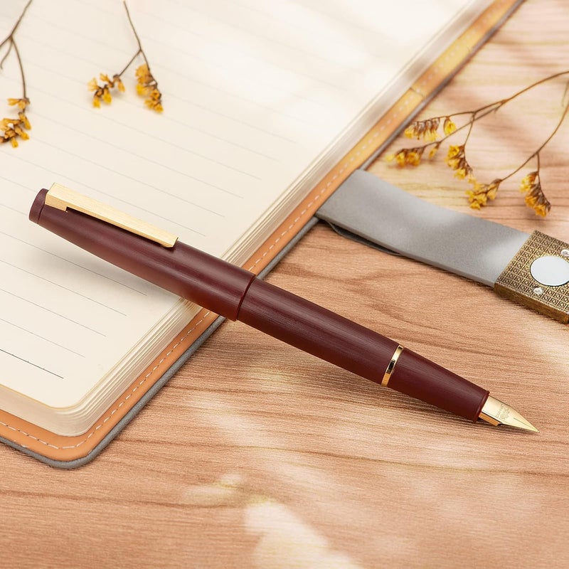 Wikult Jinhao 80 Wine Red Fiber Brushed Fountain Pen, Iridium Fine Gold Nib with Ink Converter, Classic Design Smooth Writing Pen (Gold Clip) - Image 1