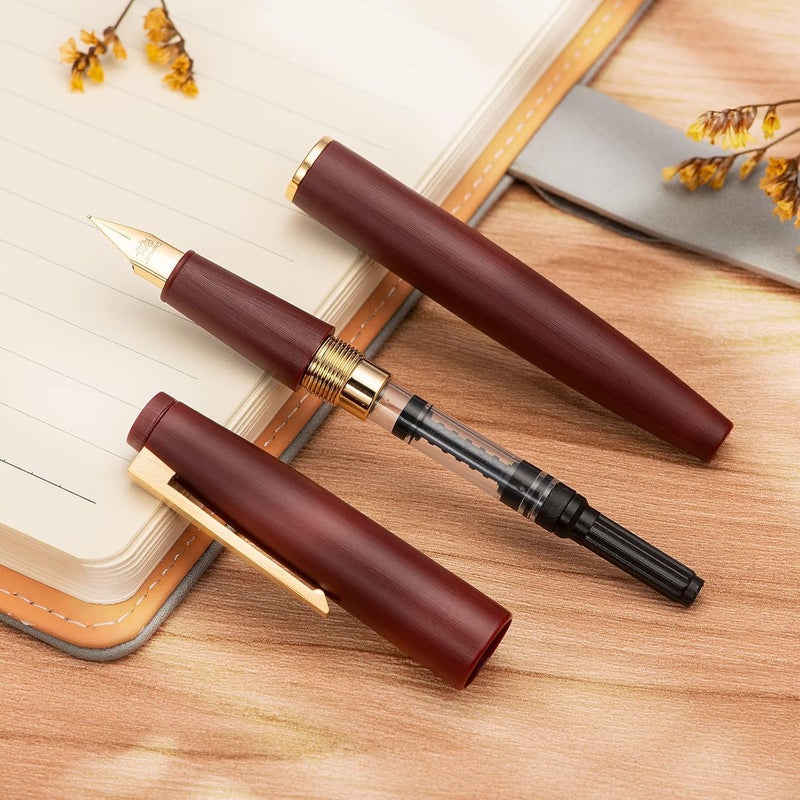 Wikult Jinhao 80 Wine Red Fiber Brushed Fountain Pen, Iridium Fine Gold Nib with Ink Converter, Classic Design Smooth Writing Pen (Gold Clip) - Image 3