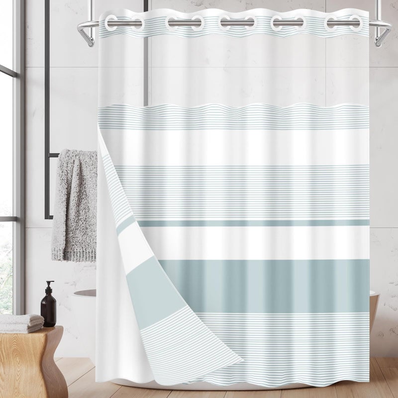 Nesphy No Hook Boho Teal Shower Curtain with Snap in Fabric Liner Set, Striped Modern Double Layers Waterproof Fabric with See Through Top Window Open Grommet Bath Curtain 71x74 Inch - Image 1