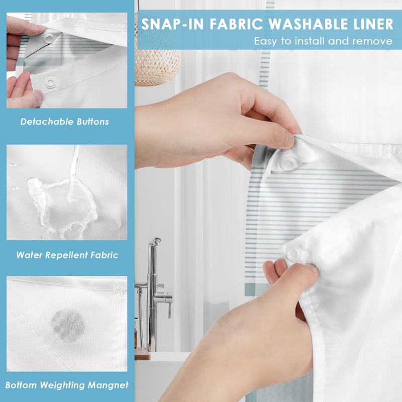 Nesphy No Hook Boho Teal Shower Curtain with Snap in Fabric Liner Set, Striped Modern Double Layers Waterproof Fabric with See Through Top Window Open Grommet Bath Curtain 71x74 Inch - Image 3