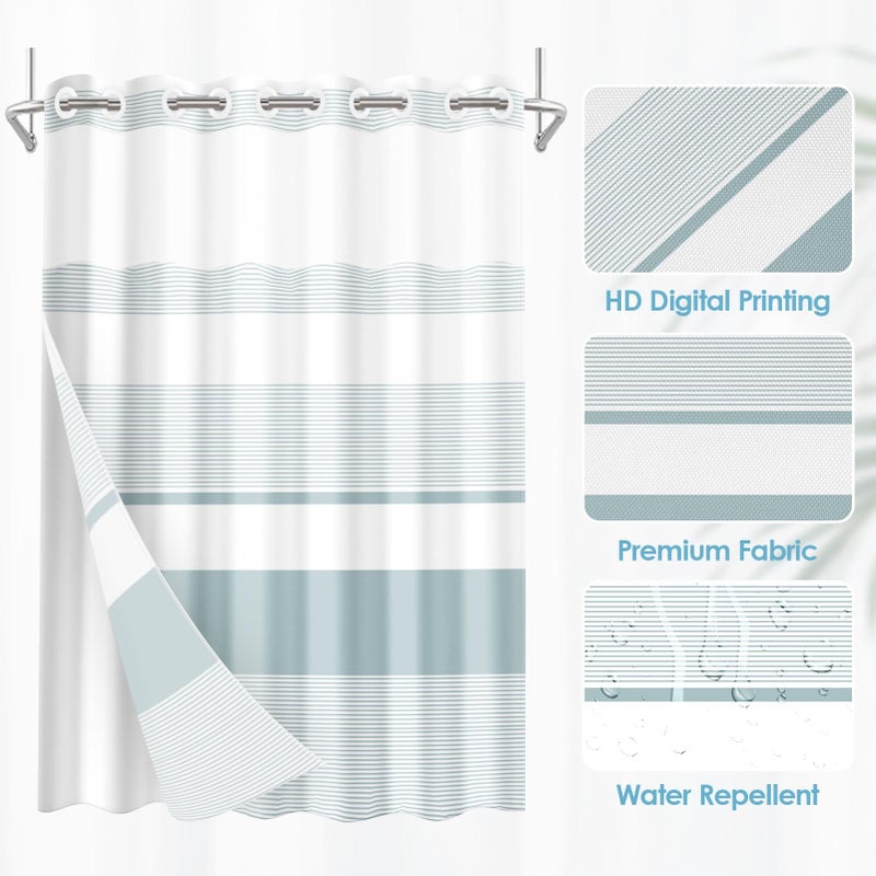Nesphy No Hook Boho Teal Shower Curtain with Snap in Fabric Liner Set, Striped Modern Double Layers Waterproof Fabric with See Through Top Window Open Grommet Bath Curtain 71x74 Inch - Image 2