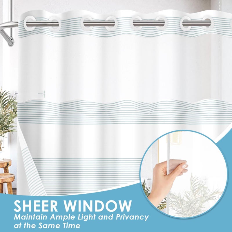 Nesphy No Hook Boho Teal Shower Curtain with Snap in Fabric Liner Set, Striped Modern Double Layers Waterproof Fabric with See Through Top Window Open Grommet Bath Curtain 71x74 Inch - Image 4