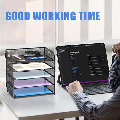 Supeasy 2 Pack 5-Tier Desk Organizer with Handle Mesh Desk File/Paper Organizer Letter Tray for Office, School and Home Easy Installation, Black - Image 2