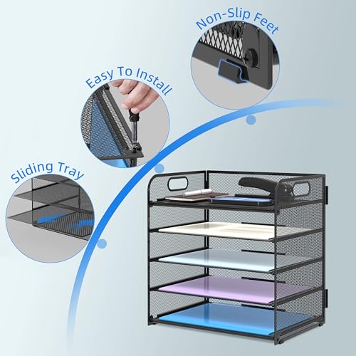 Supeasy 2 Pack 5-Tier Desk Organizer with Handle Mesh Desk File/Paper Organizer Letter Tray for Office, School and Home Easy Installation, Black - Image 3