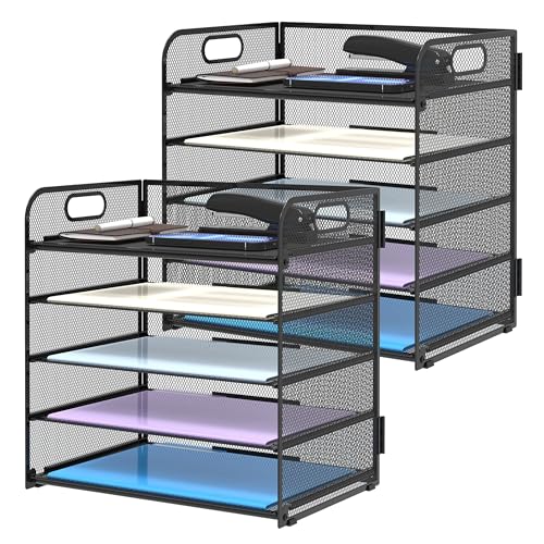Supeasy 2 Pack 5-Tier Desk Organizer with Handle Mesh Desk File/Paper Organizer Letter Tray for Office, School and Home Easy Installation, Black - Image 1