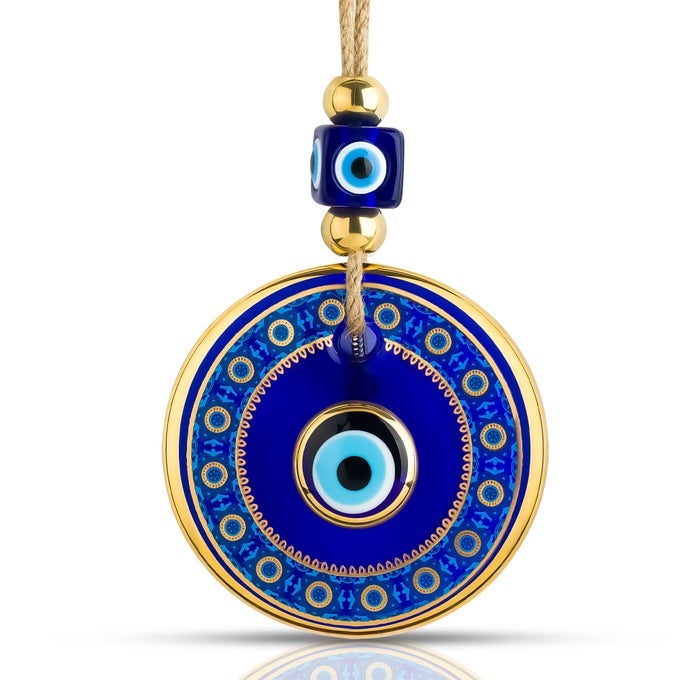 Blue Evil Eye Wall Decor Gold Border Design 43 Glass Evil Eye Hanging Ornament for Home Garden Door Office Turkish Greek Handmade Nazar Amulet Good Luck and Protection Charm Ojo Turco
