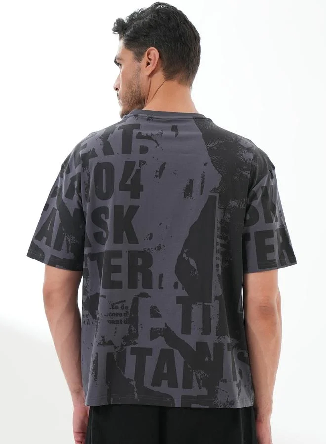 تايك تو Grey All Over Graphic Print Round Neck T-Shirt By Reprise