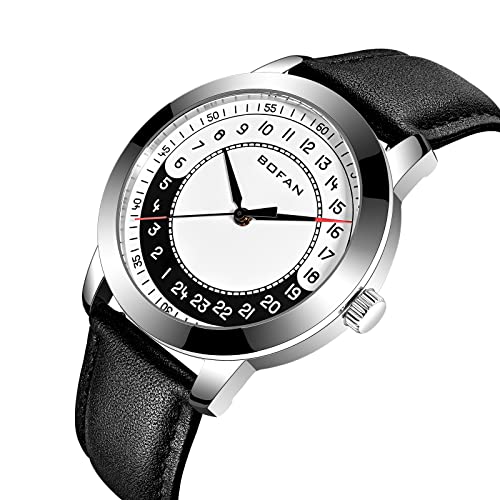 BOFAN 24 Hour Business Watches for Men Swiss Quartz Movement Waterproof Wrist Watch with Soft and Comfortable Genuine Strap(Silver Black). - Image 3
