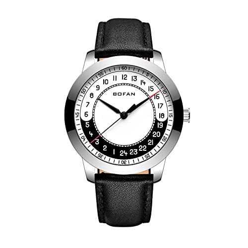 BOFAN 24 Hour Business Watches for Men Swiss Quartz Movement Waterproof Wrist Watch with Soft and Comfortable Genuine Strap(Silver Black). - Image 1