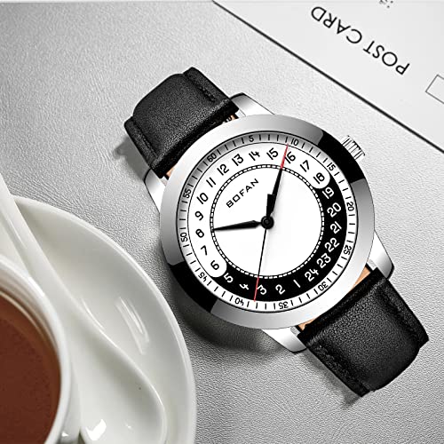 BOFAN 24 Hour Business Watches for Men Swiss Quartz Movement Waterproof Wrist Watch with Soft and Comfortable Genuine Strap(Silver Black). - Image 5