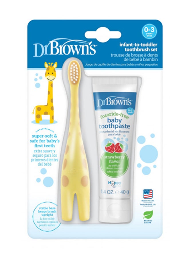 Dr. Brown’s Infant-To-Toddler Training Toothbrush Set, Giraffe With Fluoride-Free Strawberry Baby Toothpaste, 0-3 Years - Image 1