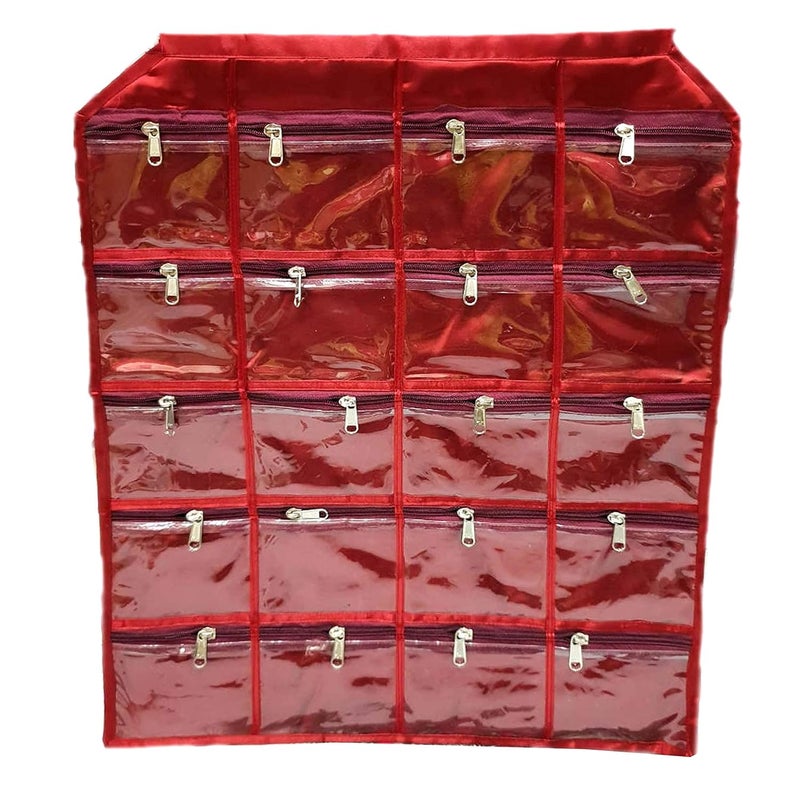 Padam Enterprises Satin Wall Hanging Multipurpose Daily Use Kit Dressing Kit Make Up Organizer 20 Pouches Maroon - Image 1