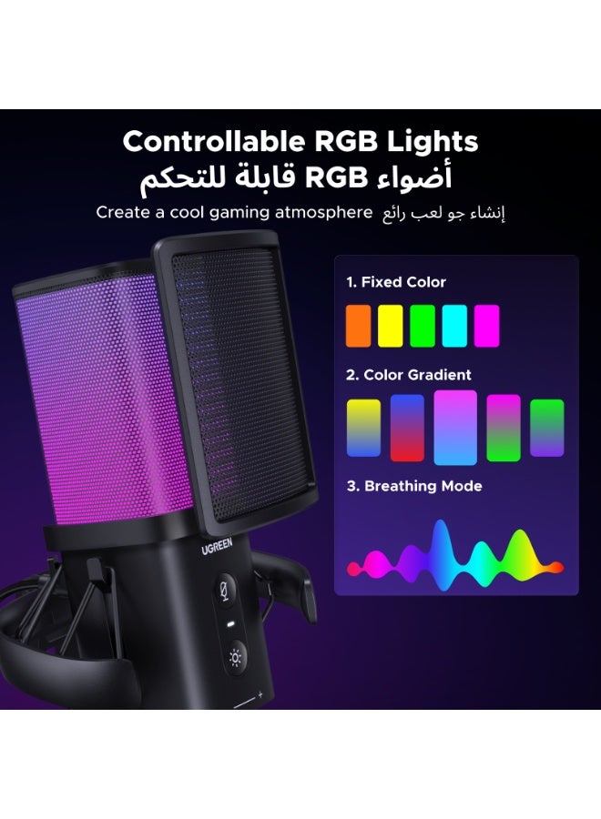 Ugreen USB Microphone Gaming Mic for PC, Streaming, Recording, Podcasts, Laptop, PS5, 96kHz/24bit with RGB Light, Mute button, Shock Mount, Volume Knob, Cardioid Polar Pattern, 3.5mm Headphones Jack - Image 3